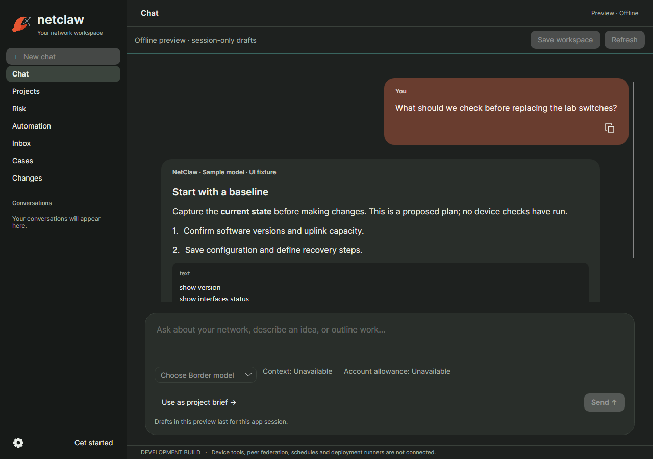 NetClaw dark Chat interface with orange user bubble, formatted sample response and bottom composer