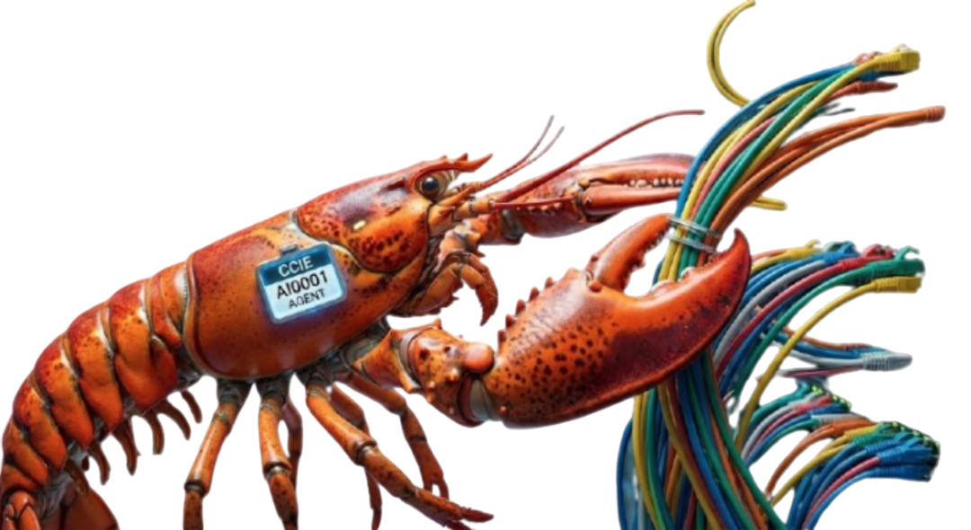 NetClaw lobster mascot gripping a bundle of network cables